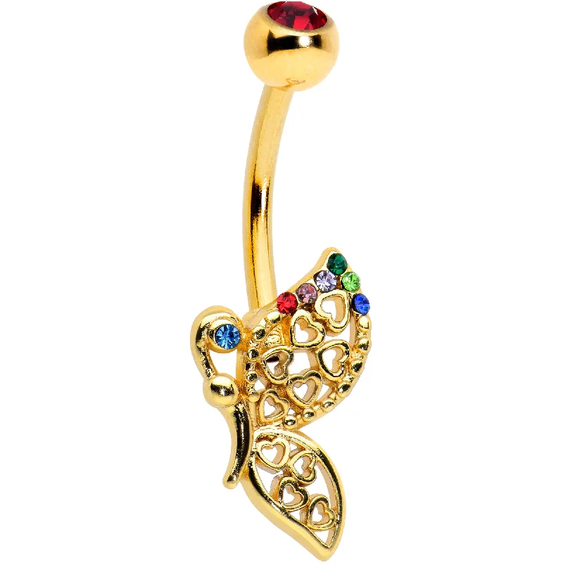 Belly Rings with Gemstone Detailing for Bold Style -Red Blue Green Gem Gold Tone Heart Butterfly Belly Ring Belly Rings with Gemstone Detailing for Bold Style -Red Blue Green Gem Gold Tone Heart Butterfly Belly Ring