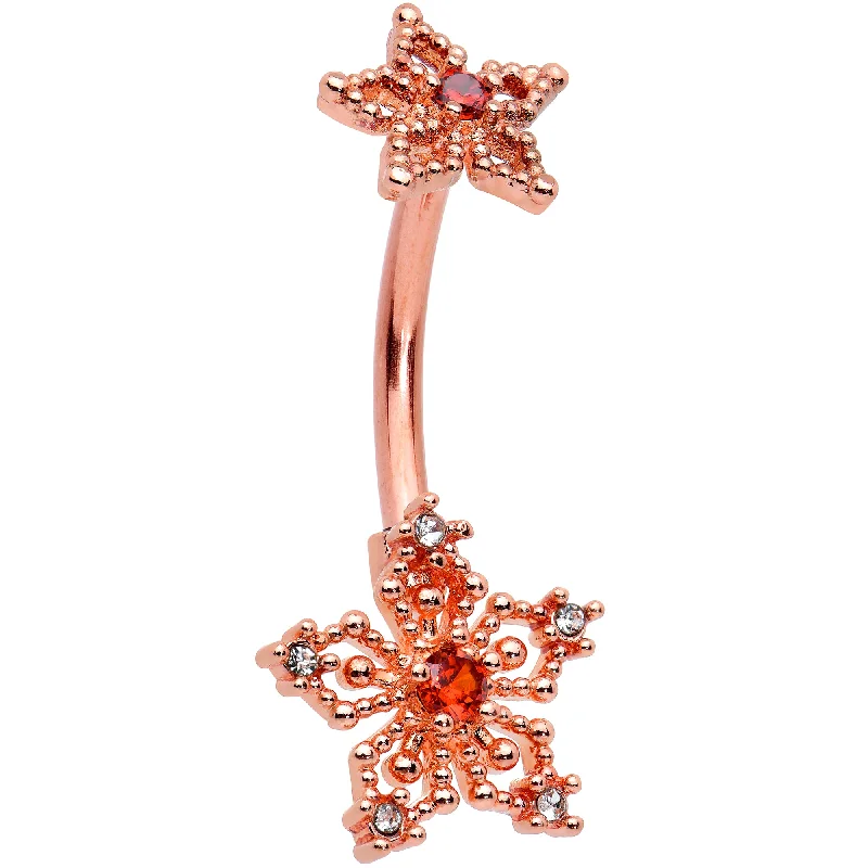Beautiful Belly Rings with Precious Stones -Clear Red Gem Rose Gold Tone Snowflake Star Double Mount Belly Ring