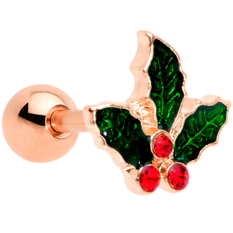 Women's Earrings – Elegant Designs for Every Personality--16 Gauge 1/4 Red Gem Rose Tone Mistletoe Christmas Cartilage Tragus