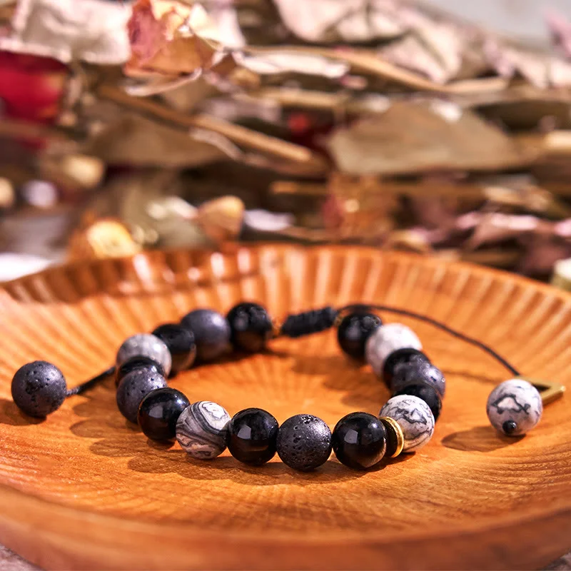 Set of Gemstone Bangles for Women-Buddha Stones Black Obsidian Lava Rock Stone Yin Yang Strength Bracelet Set of Gemstone Bangles for Women-Buddha Stones Black Obsidian Lava Rock Stone Yin Yang Strength Bracelet