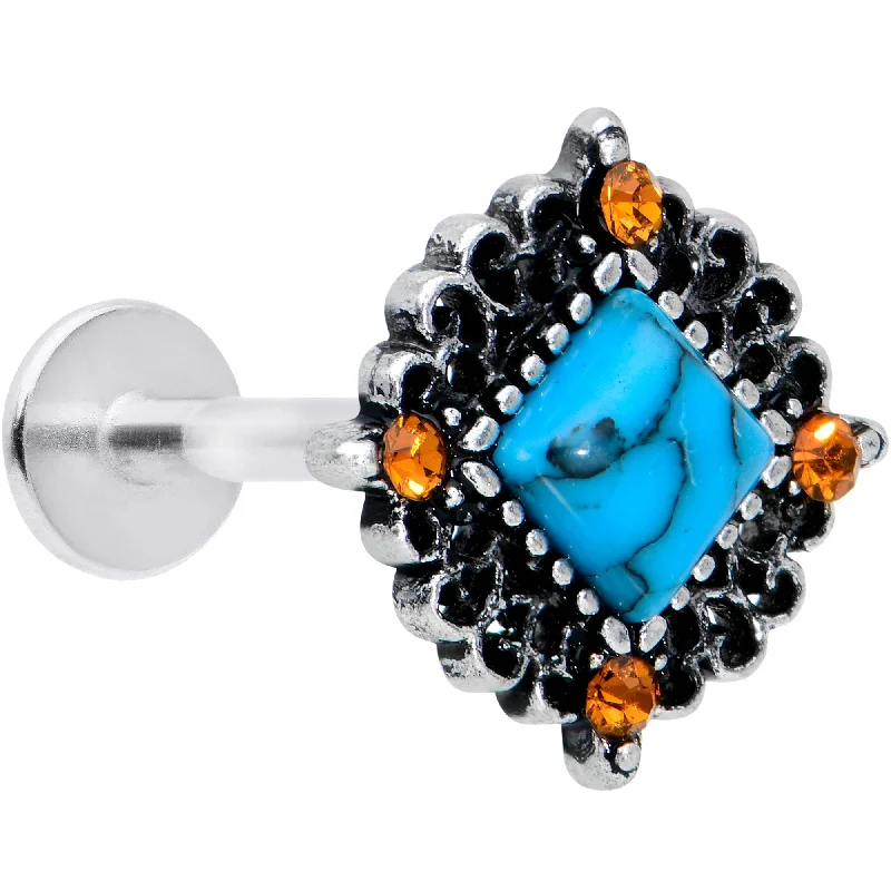 Classic Lip Rings with Timeless Appeal16 Gauge 5/16 Yellow Gem Blue Faux Turquoise Square Labret Tragus