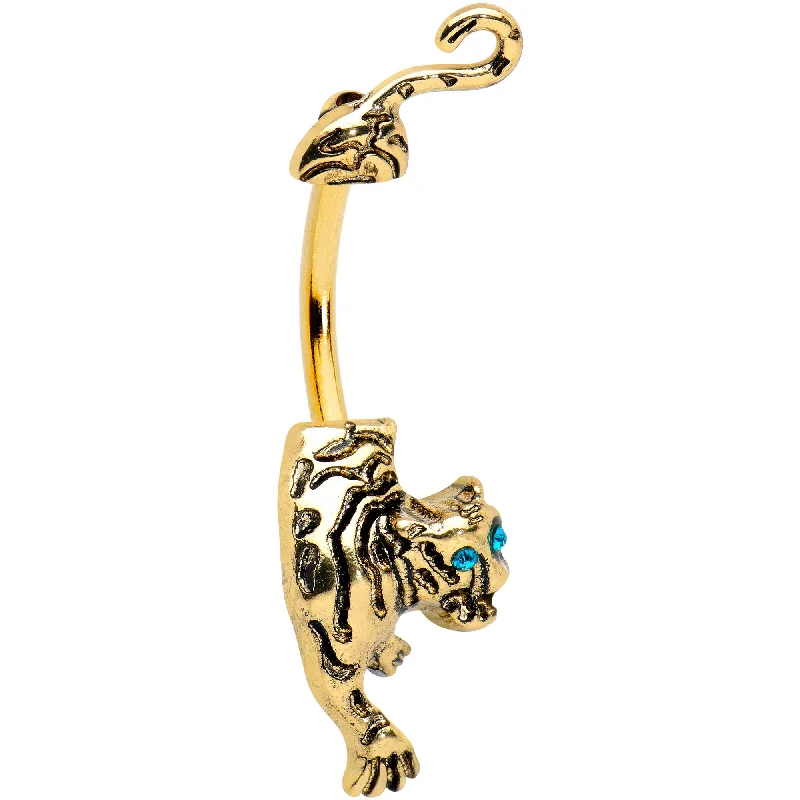 Belly Rings for Everyday Wear -Blue Gem Gold Tone Prowling Tiger Double Mount Belly Ring Belly Rings for Everyday Wear -Blue Gem Gold Tone Prowling Tiger Double Mount Belly Ring