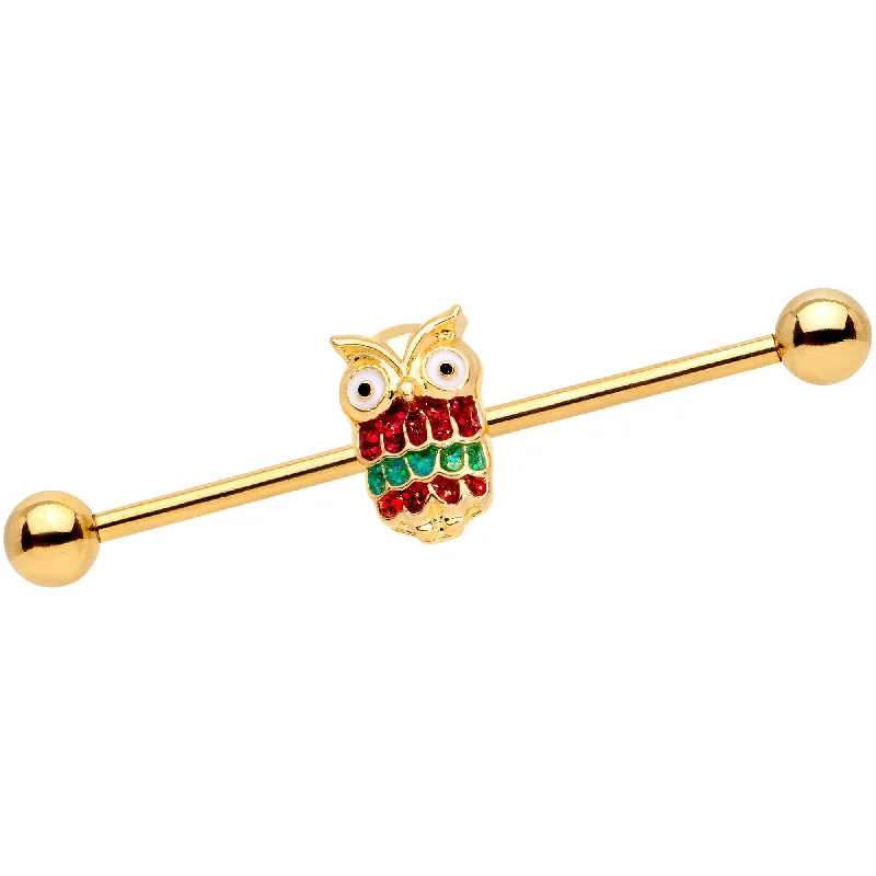 Women's Earrings – Elegant Designs for Every Personality--14 Gauge Gold Tone Happy Holiday Hoot Owl Industrial Barbell 38mm