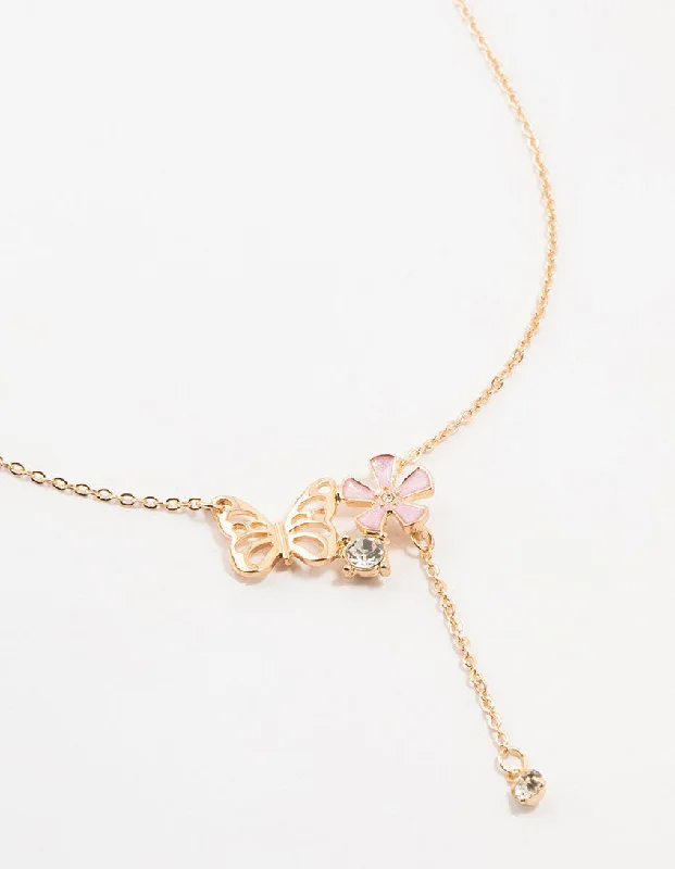 Shop Classic Women's Necklaces & Pendants with a Modern Twist-Gold Butterfly Flower Diamante Drop Necklace Shop Classic Women's Necklaces & Pendants with a Modern Twist-Gold Butterfly Flower Diamante Drop Necklace
