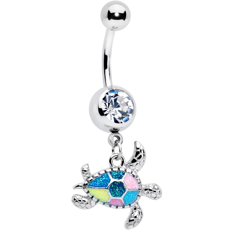 Trendy Belly Rings for Exclusive Fashion -Clear Gem Glitter Turtle Dangle Belly Ring Trendy Belly Rings for Exclusive Fashion -Clear Gem Glitter Turtle Dangle Belly Ring