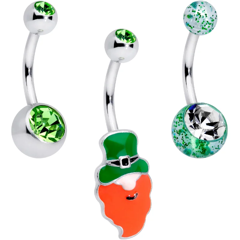 Unique Belly Rings for Creative Piercings -Green Clear Gem Leprechaun St Patricks Day Belly Ring Set of 3 Unique Belly Rings for Creative Piercings -Green Clear Gem Leprechaun St Patricks Day Belly Ring Set of 3
