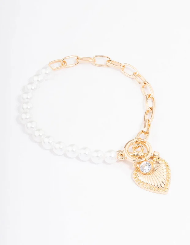 Women's Cuff Bangles-Gold Pearl Chain Heart Bracelet