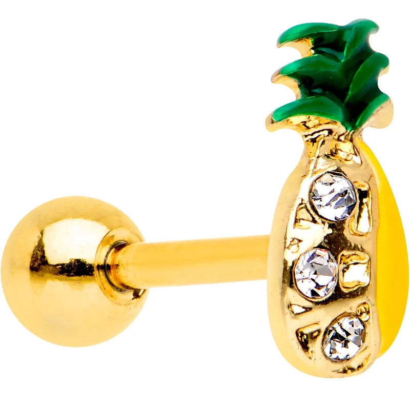 Women's Earrings – Elegant Designs for Every Personality--16 Gauge Gem Gold PVD Half Paved Pineapple Cartilage Tragus Earring