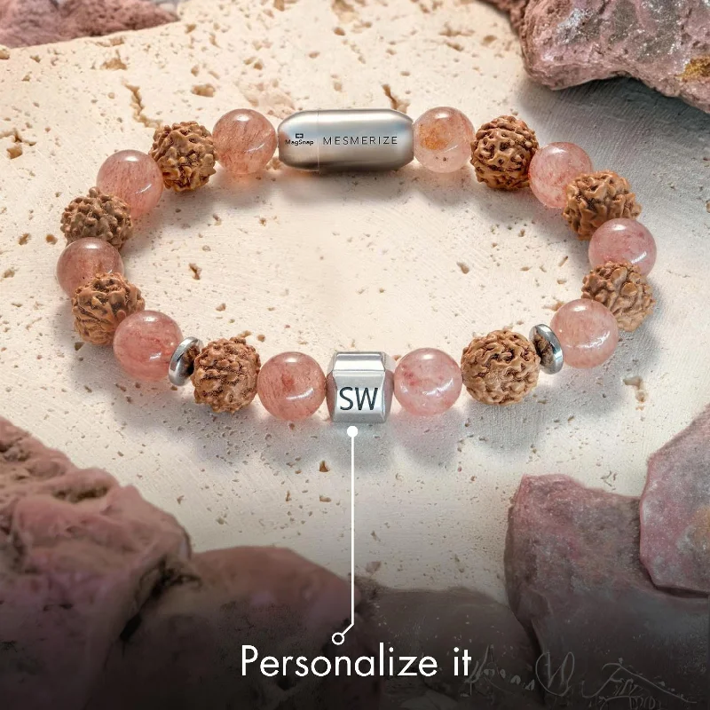 Leather Bracelets with Stone Accents for Men-Personalised Serenity Strawberry Quartz & Rudraksh Natural Stone Bracelet Leather Bracelets with Stone Accents for Men-Personalised Serenity Strawberry Quartz & Rudraksh Natural Stone Bracelet