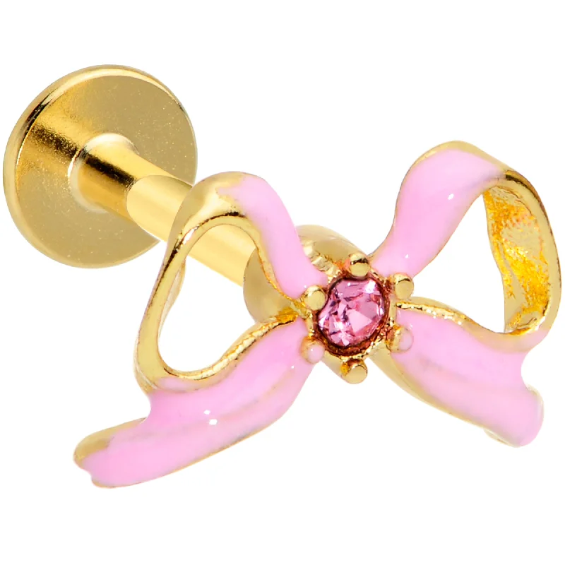 Stylish Lip Rings for Pierced Lips16 Gauge 5/16 Pink Gem Gold Tone Pink Bow Labret Monroe Tragus
