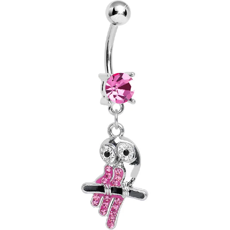 Belly Rings for Bold Looks -Pink Gem Oddly Adorable Owl Dangle Belly Ring