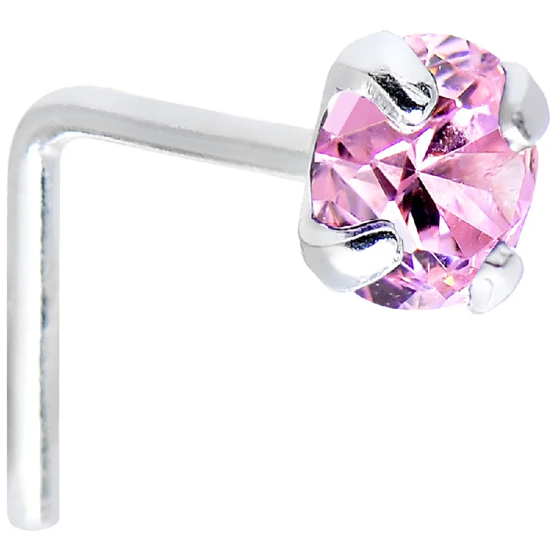 Stainless Steel Nose Rings -925 Sterling Silver 3mm Round Pink CZ L-Shape Nose Ring