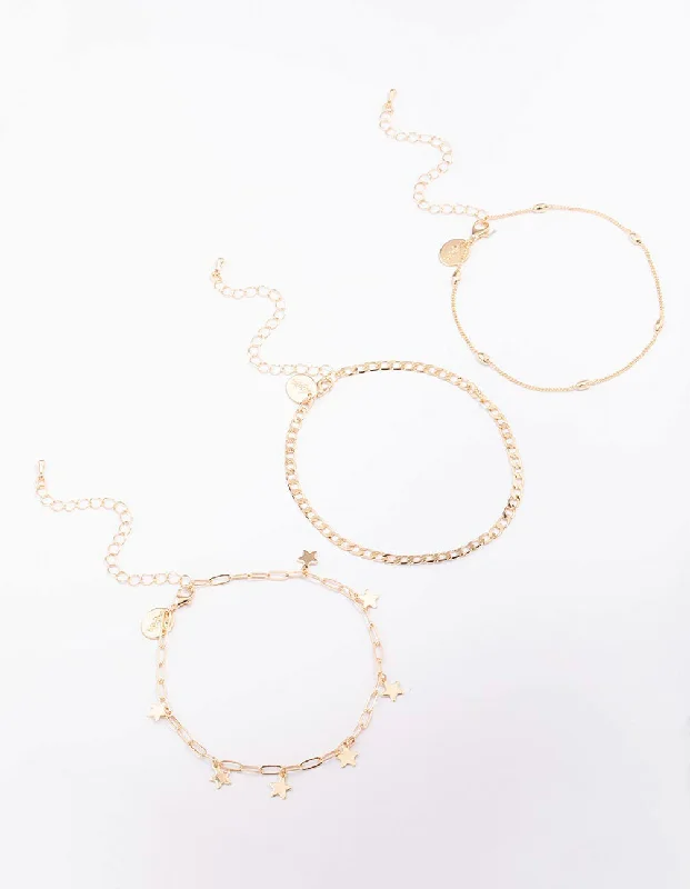 Sparkling Anklets with Shiny Detailing-Gold Mixed Star Chain Anklet 3-Pack
