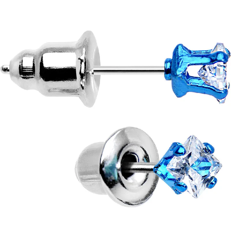 Women's Earrings – Elegant Designs for Every Personality--3mm Neon Blue Square Clear CZ Stud Earrings Women's Earrings – Elegant Designs for Every Personality--3mm Neon Blue Square Clear CZ Stud Earrings