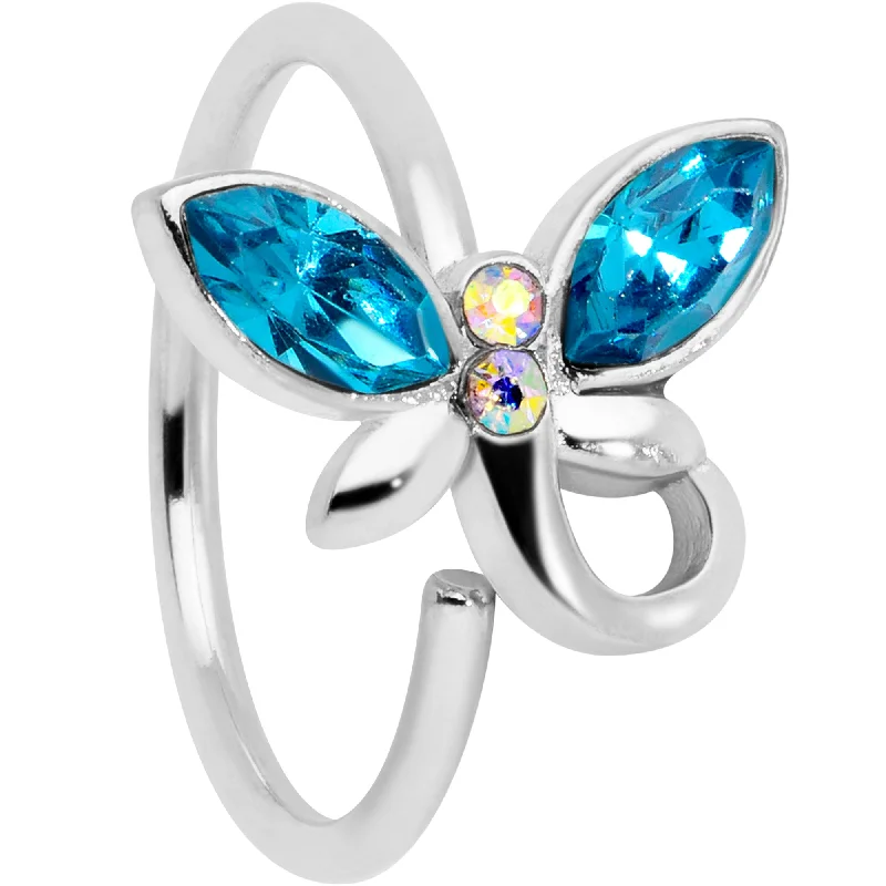 Fashion Nose Rings -18 Gauge 3/8 Aqua Aurora Gem Loop Butterfly Nose Hoop