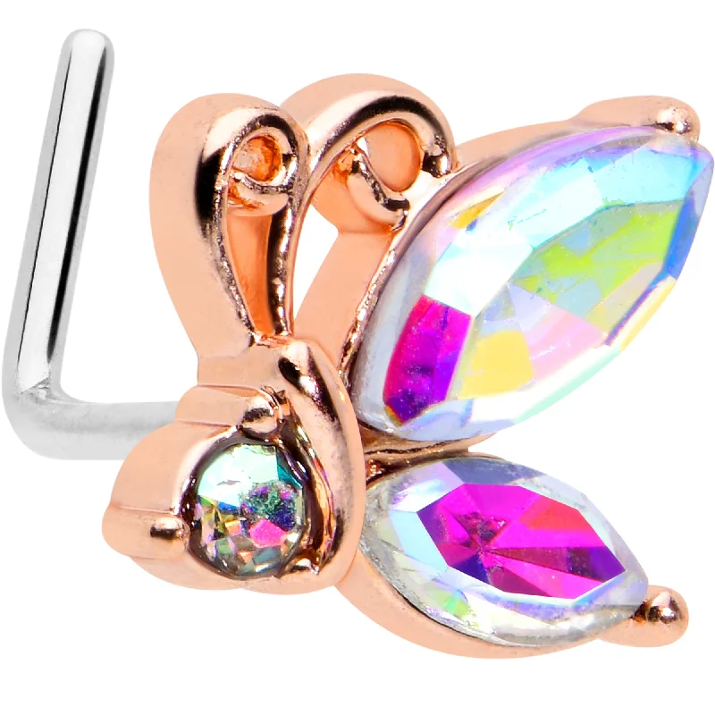 Nose Rings with Opals -20 Gauge 7mm Aurora CZ Gem Fleur de Lis Rosy Butterfly L Shape Nose Ring Nose Rings with Opals -20 Gauge 7mm Aurora CZ Gem Fleur de Lis Rosy Butterfly L Shape Nose Ring