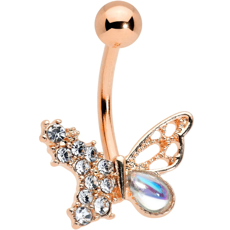 Comfortable Belly Rings with Radiant Detail -Clear Aurora Gem Rose Gold Tone Super Glam Butterfly Belly Ring Comfortable Belly Rings with Radiant Detail -Clear Aurora Gem Rose Gold Tone Super Glam Butterfly Belly Ring