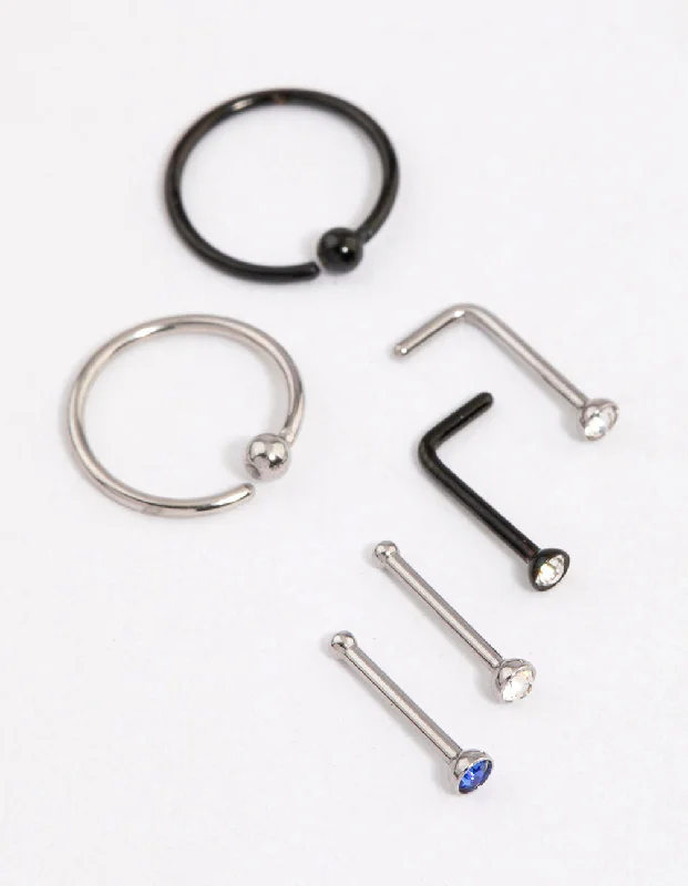Gold-Plated Nose Rings -Surgical Steel Bezel & Ring Nose 6-Pack