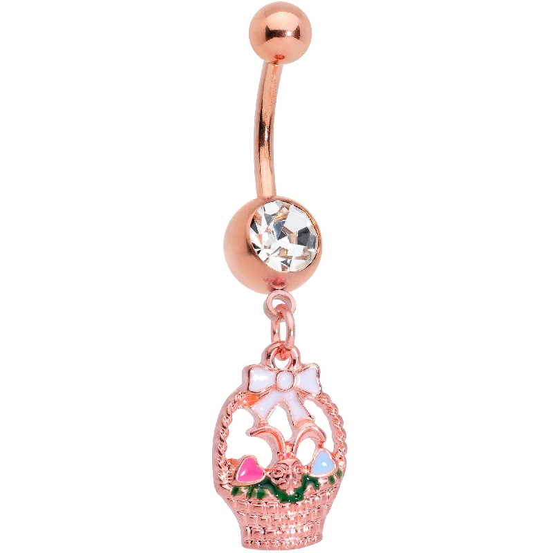 Trendy Belly Rings with Modern Touch -Clear Gem Rose Gold Tone Easter Basket Dangle Belly Ring Trendy Belly Rings with Modern Touch -Clear Gem Rose Gold Tone Easter Basket Dangle Belly Ring