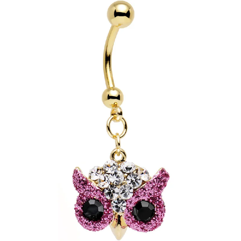 Custom Belly Rings for Personalized Style -Clear Pink and Black Gem Gold Plated Beady Eye Owl Dangle Belly Ring Custom Belly Rings for Personalized Style -Clear Pink and Black Gem Gold Plated Beady Eye Owl Dangle Belly Ring