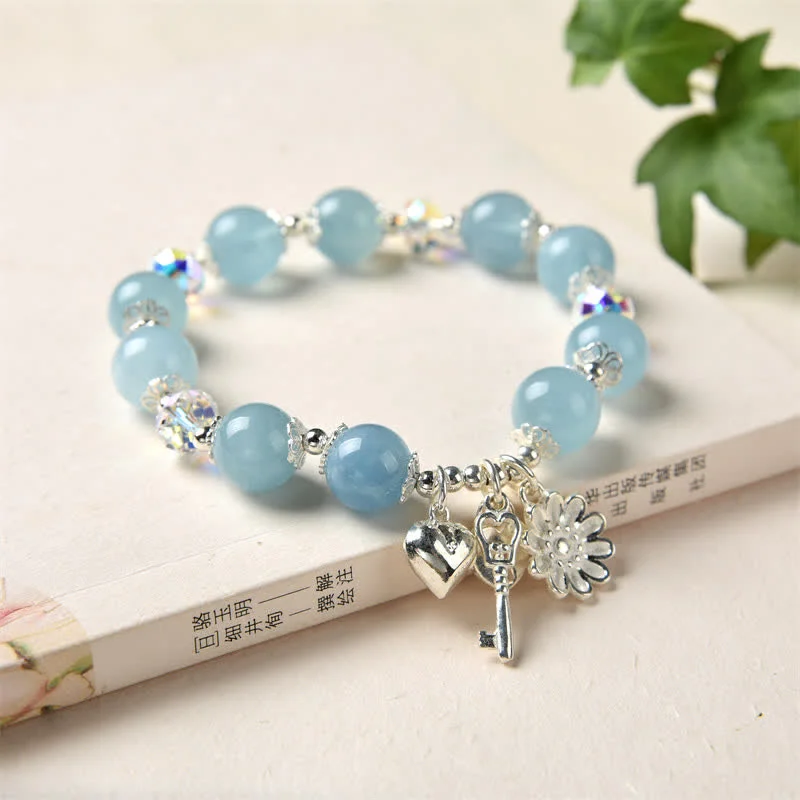 Elegant Simple Bangles for Women-Buddha Stones 925 Sterling Silver Natural Aquamarine Serenity Flower Love Key Charm Bracelet Elegant Simple Bangles for Women-Buddha Stones 925 Sterling Silver Natural Aquamarine Serenity Flower Love Key Charm Bracelet