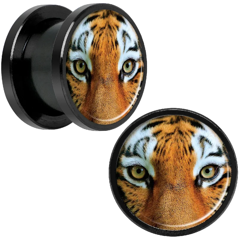 Women's Earrings – Elegant Designs for Every Personality--Full Color Tiger Eyes Black Anodized Screw Fit Plug Set 1/2 Women's Earrings – Elegant Designs for Every Personality--Full Color Tiger Eyes Black Anodized Screw Fit Plug Set 1/2