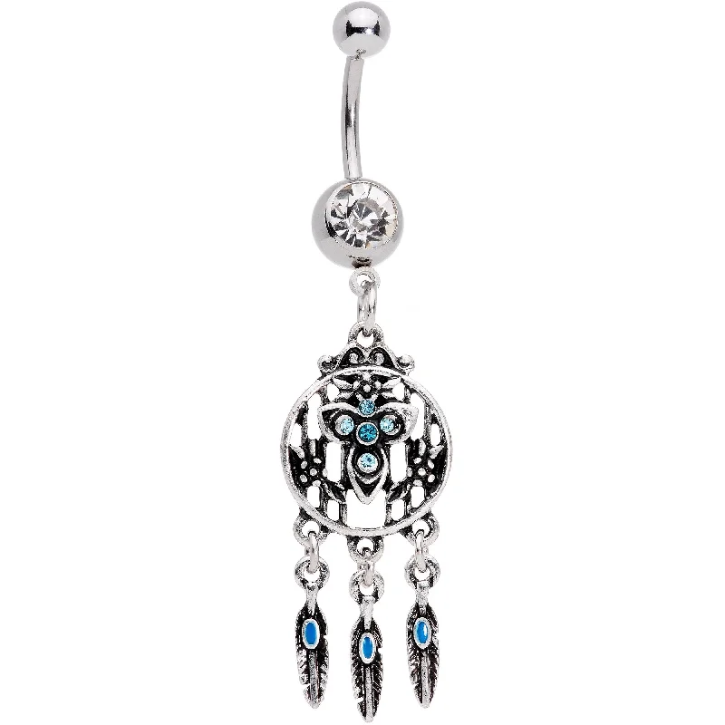 Designer Belly Rings with Creative Details -Blue Clear Gem Southwestern Blue Flower Feathers Dangle Belly Ring Designer Belly Rings with Creative Details -Blue Clear Gem Southwestern Blue Flower Feathers Dangle Belly Ring