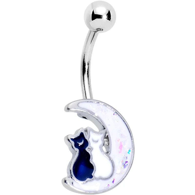 Comfortable Belly Rings for Fashionable Women -Cuddling Kitties White Moon Belly Ring