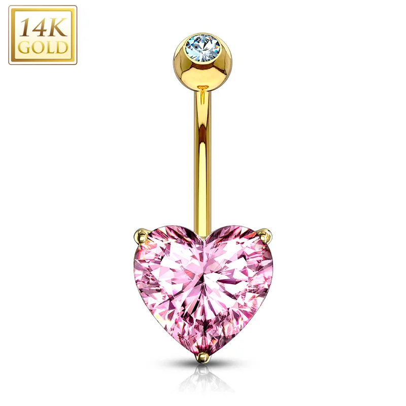 Stunning Belly Rings for Bold Statements -14kt Solid Yellow Gold Prong Set Pink 6mm CZ Heart Belly Ring Stunning Belly Rings for Bold Statements -14kt Solid Yellow Gold Prong Set Pink 6mm CZ Heart Belly Ring