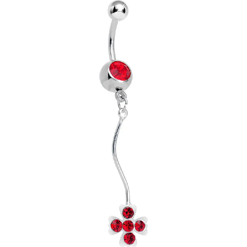 Beautiful Belly Rings with Vibrant Gems -Red Gem Cross Flower Dangle Belly Ring