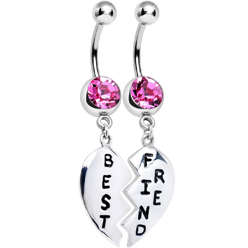 Custom Belly Rings for Exclusive Appeal -Pink Gem Best Friend Dedicated Heart Dangle Belly Ring Set Custom Belly Rings for Exclusive Appeal -Pink Gem Best Friend Dedicated Heart Dangle Belly Ring Set