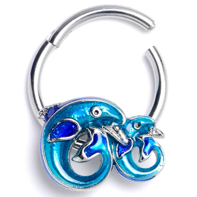 Customizable Nose Rings -16 Gauge 3/8 Dolphins Blue Beauty Hinged Segment Ring