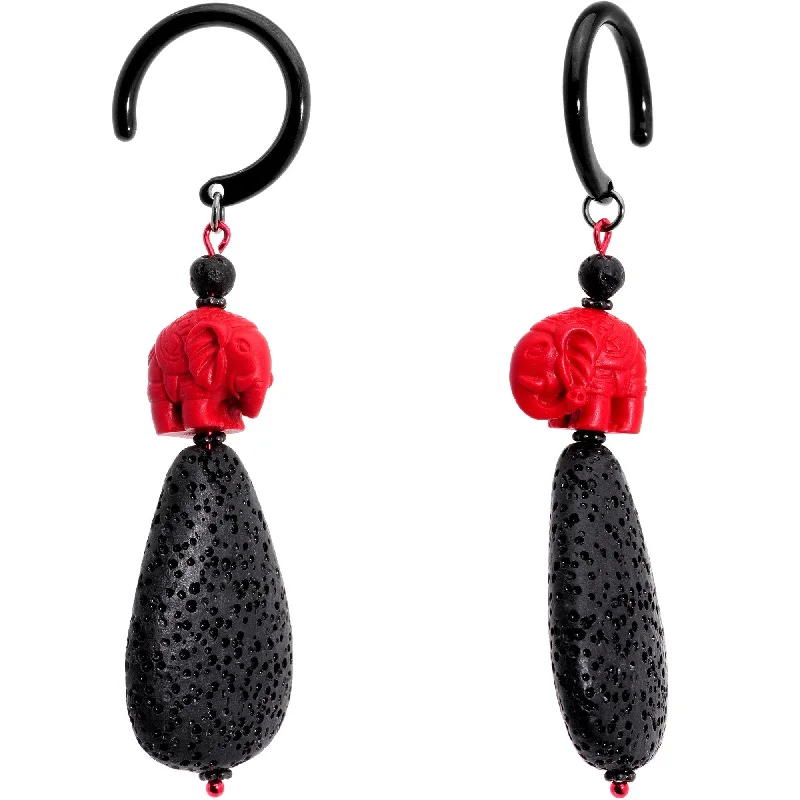 Women's Earrings – Elegant Designs for Every Personality--Handcrafted Black IP Black Lava Stone Red Elephant Ear Weights