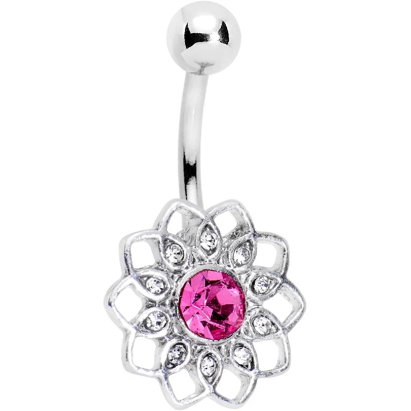 Classic Belly Rings with Simple Appeal -Clear Pink Gem Filigree Flower Belly Ring