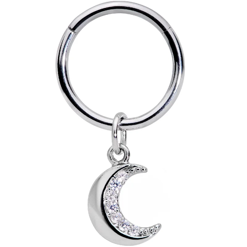 Gold Lip Rings for Subtle Glam16 Gauge 3/8 Clear CZ Gem Crescent Moon Dangle Hinged Segment Ring Gold Lip Rings for Subtle Glam16 Gauge 3/8 Clear CZ Gem Crescent Moon Dangle Hinged Segment Ring