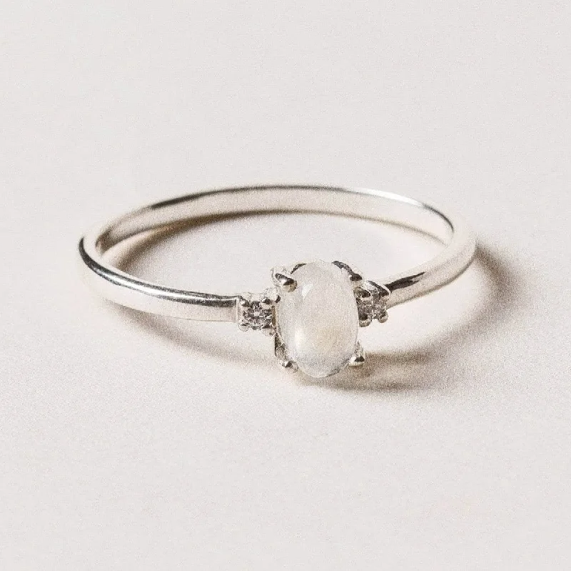 Chic Women's Rings for Fashion-Forward Looks-Petite Oval Rainbow Moonstone Ring