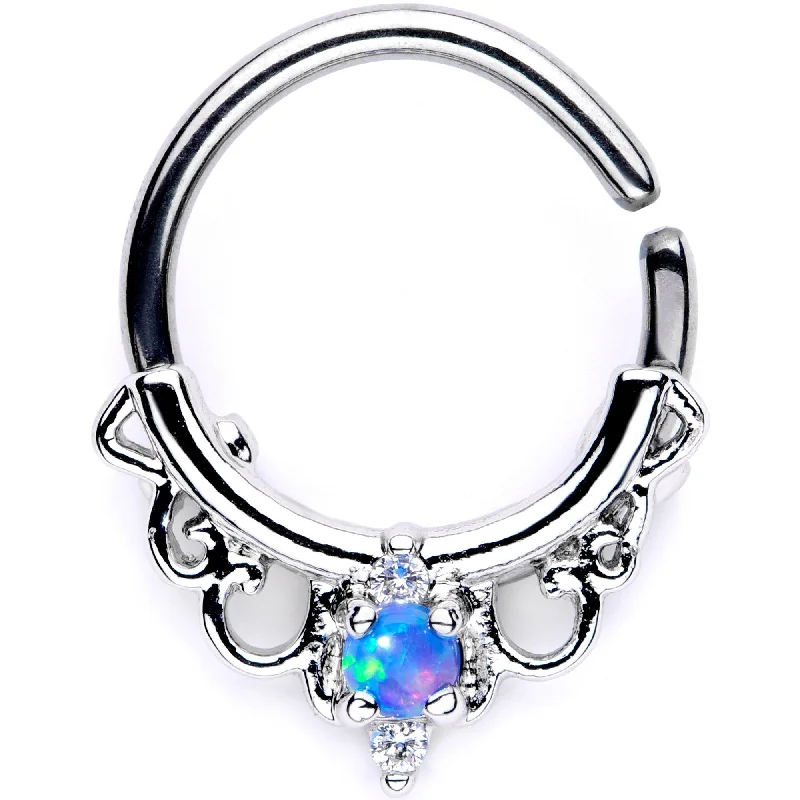 Silver Nose Rings -16 Gauge 3/8 Blue Synthetic Opal Filigree Seamless Circular Ring