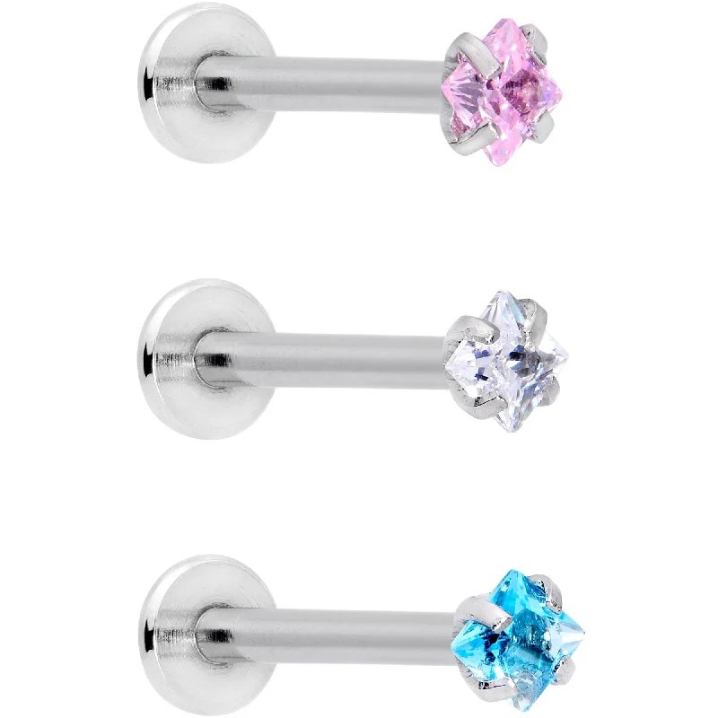 Lip Rings for Trendy Piercings16 Gauge 3/8 Clear Pink Blue CZ Gem Labret Tragus Set of 3