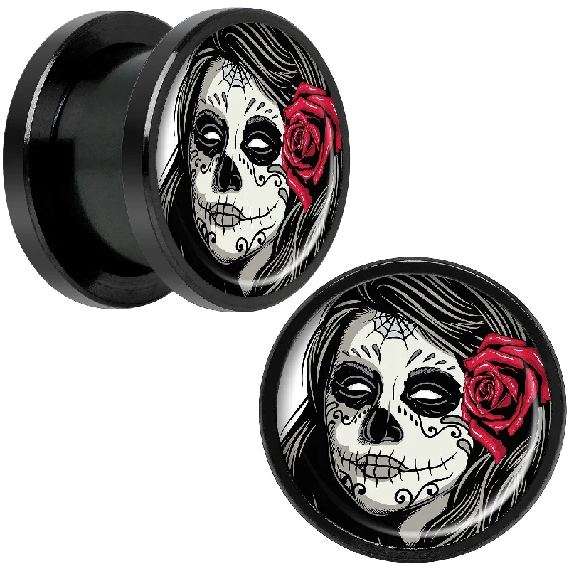 Women's Earrings – Elegant Designs for Every Personality--Katrina Sugar Skull with Rose Flower Black Anodized Screw Fit Plug Set 1/2 Women's Earrings – Elegant Designs for Every Personality--Katrina Sugar Skull with Rose Flower Black Anodized Screw Fit Plug Set 1/2