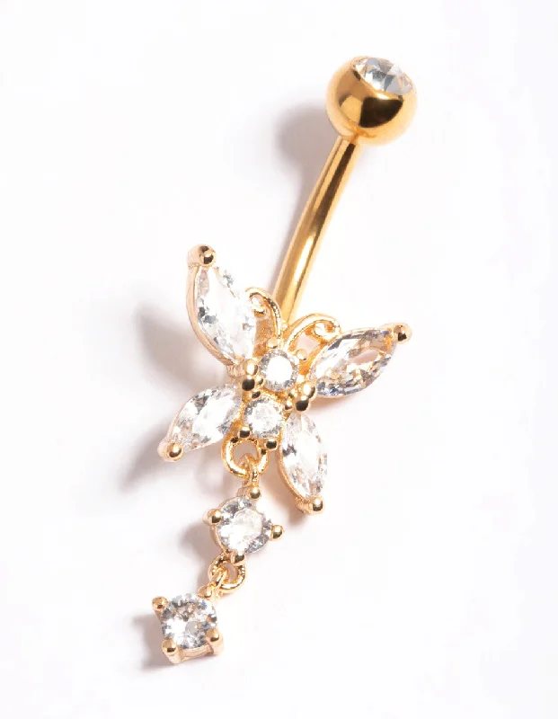 Belly Rings for Bold Fashion Statements -Gold Plated Surgical Steel Crystal Butterfly Belly Bar Belly Rings for Bold Fashion Statements -Gold Plated Surgical Steel Crystal Butterfly Belly Bar