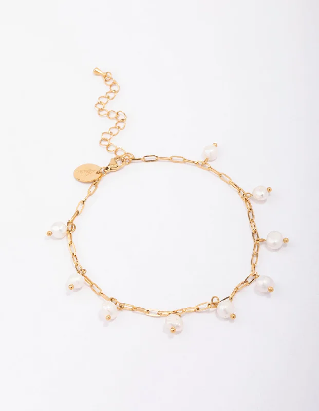 Beautiful Anklets for Glamorous Moments-Waterproof Gold Plated Stainless Steel Station Freshwater Pearl Drop Anklet Beautiful Anklets for Glamorous Moments-Waterproof Gold Plated Stainless Steel Station Freshwater Pearl Drop Anklet