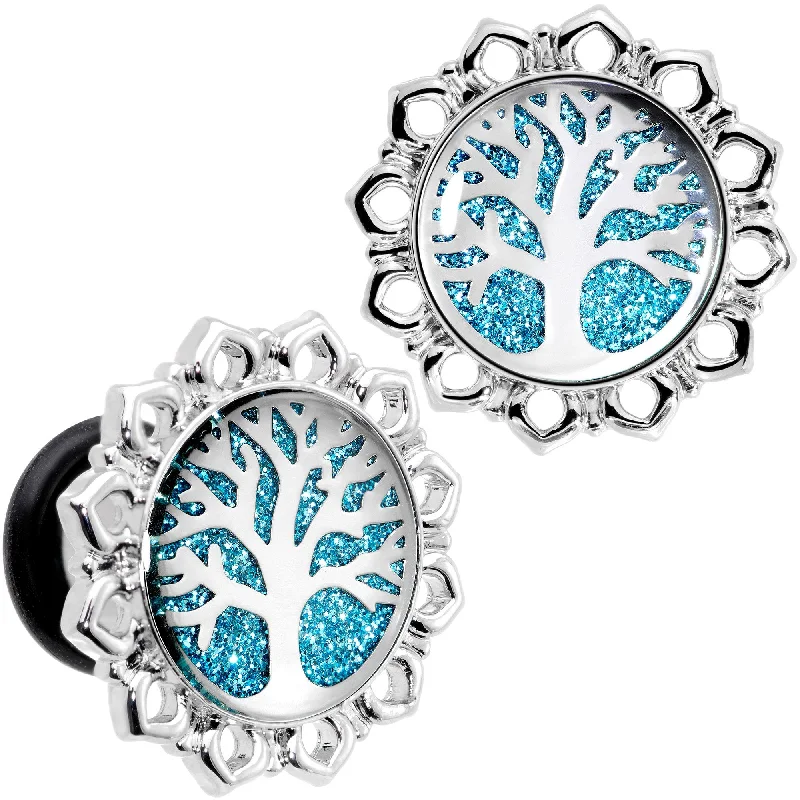 Women's Earrings – Elegant Designs for Every Personality--Blue Glitter Inlay Tree of Life Single Flare Plug Set 6mm to 20mm Women's Earrings – Elegant Designs for Every Personality--Blue Glitter Inlay Tree of Life Single Flare Plug Set 6mm to 20mm