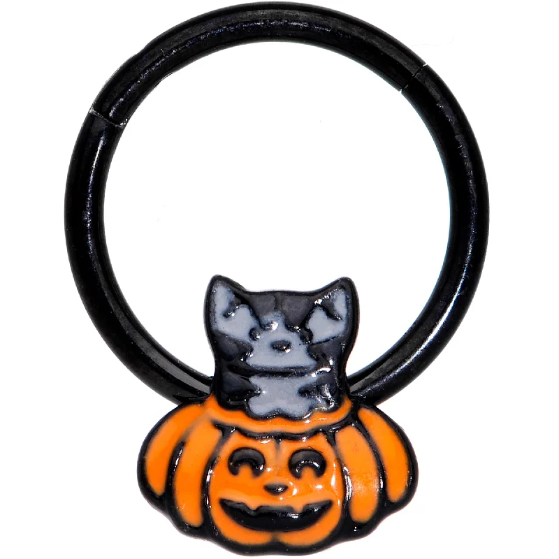 Nose Rings for Classic Looks -16 Gauge 3/8 Black Cat Surprise Pumpkin Halloween Hinged Segment Ring Nose Rings for Classic Looks -16 Gauge 3/8 Black Cat Surprise Pumpkin Halloween Hinged Segment Ring