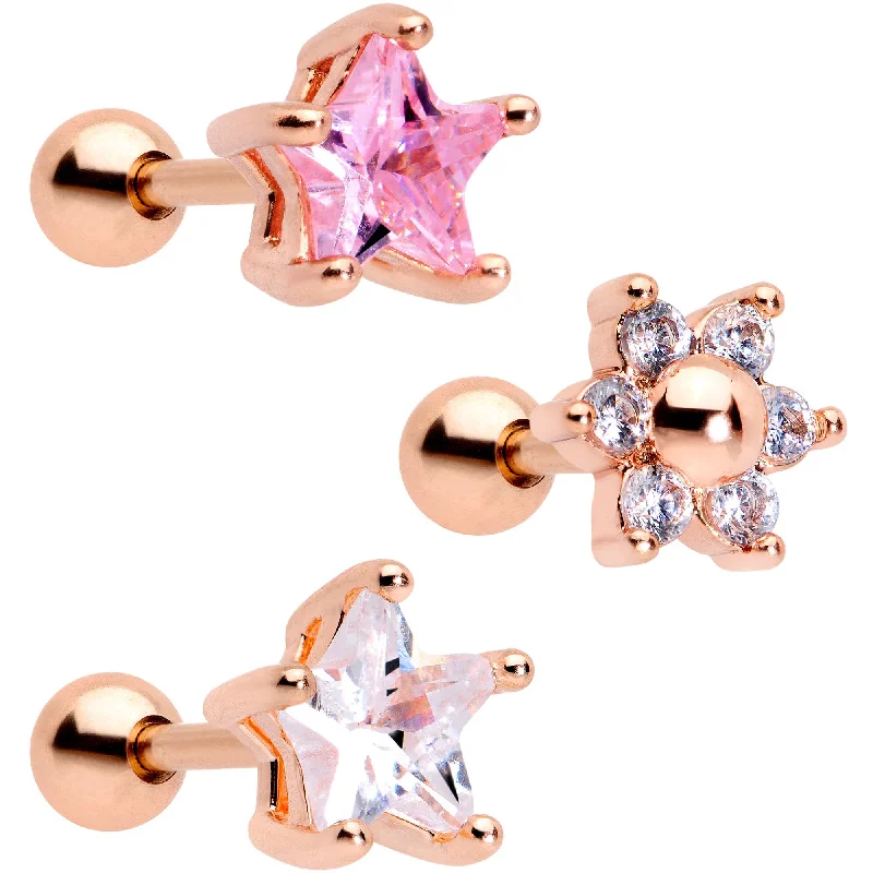 Women's Earrings – Elegant Designs for Every Personality--16 Gauge 1/4 Pink Clear CZ Gem Rose Gold Tone Star Tragus Set of 3 Women's Earrings – Elegant Designs for Every Personality--16 Gauge 1/4 Pink Clear CZ Gem Rose Gold Tone Star Tragus Set of 3