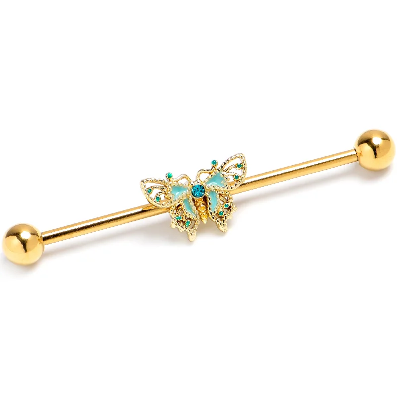 Women's Earrings – Elegant Designs for Every Personality--14 Gauge Blue Gem Gold Tone Rococo Butterfly Industrial Barbell 38mm Women's Earrings – Elegant Designs for Every Personality--14 Gauge Blue Gem Gold Tone Rococo Butterfly Industrial Barbell 38mm