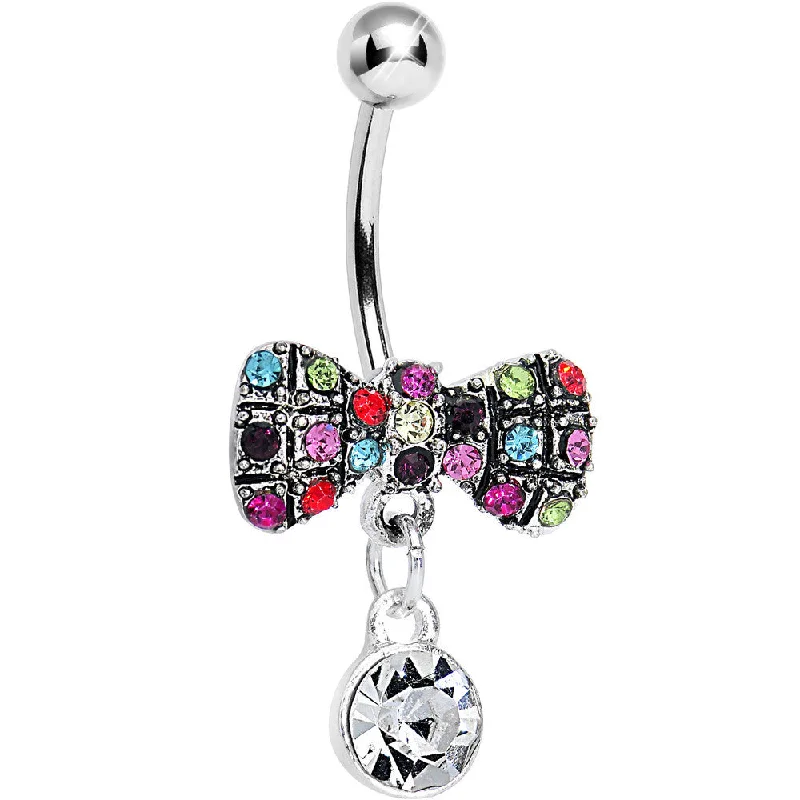 Trendy Belly Rings for Fashion Enthusiasts -Crystalline Round Drop and Multi Gem Clown Tie Dangle Belly Ring Trendy Belly Rings for Fashion Enthusiasts -Crystalline Round Drop and Multi Gem Clown Tie Dangle Belly Ring