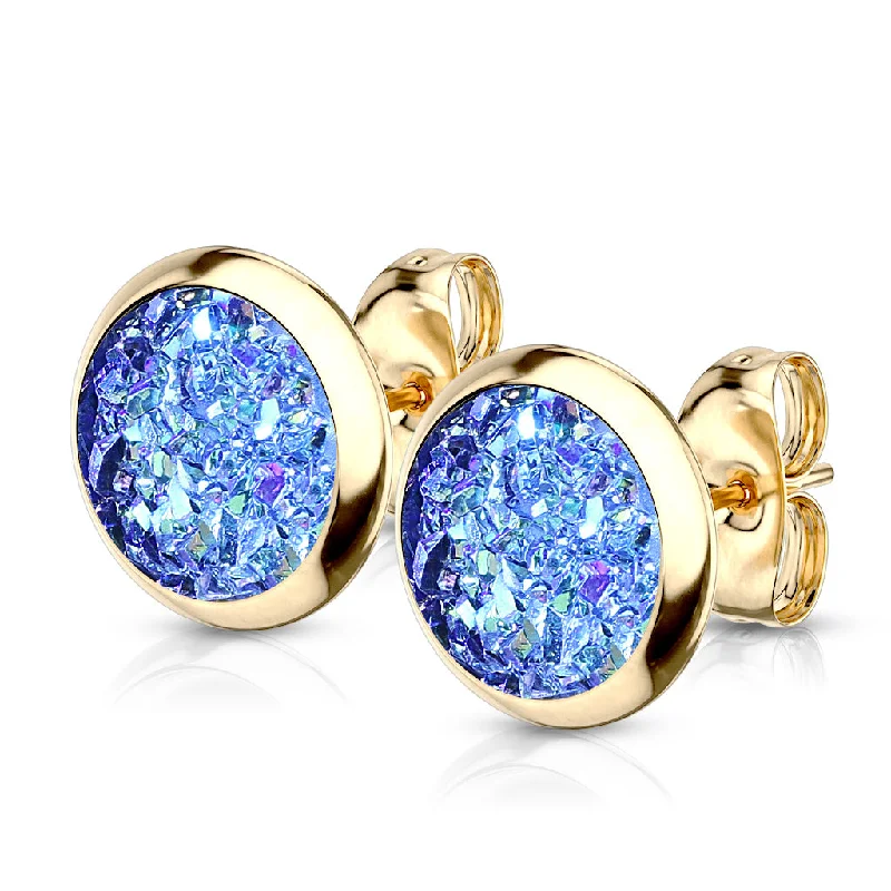 Women's Earrings – Elegant Designs for Every Personality--8mm Blue Synthetic Druzy Stone Gold PVD 316L Stainless Steel Stud Earrings Women's Earrings – Elegant Designs for Every Personality--8mm Blue Synthetic Druzy Stone Gold PVD 316L Stainless Steel Stud Earrings