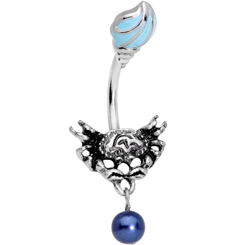 Classic Belly Rings with Sleek Design -Blue Orbs Nautical Crab and Whelk Shell Dangle Belly Ring Classic Belly Rings with Sleek Design -Blue Orbs Nautical Crab and Whelk Shell Dangle Belly Ring