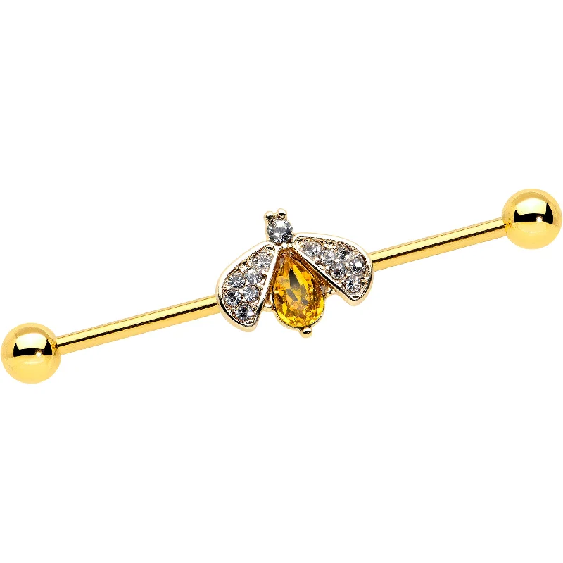 Women's Earrings – Elegant Designs for Every Personality--14 Gauge Clear Yellow Gem Gold Tone Style Bug Industrial Barbell 38mm