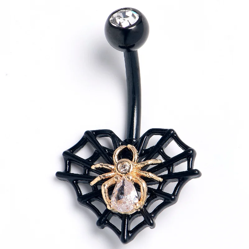 Designer Belly Rings with Modern Touch -Clear Gem Black Golden Spider Web Heart Belly Ring Designer Belly Rings with Modern Touch -Clear Gem Black Golden Spider Web Heart Belly Ring